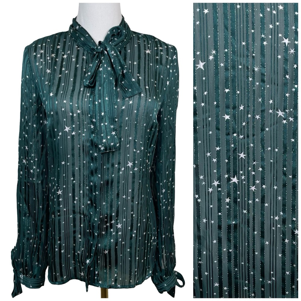 ModCloth Star Print Neck Bow Blouse Womens M Green Celestial Shimmer Whimsigoth
